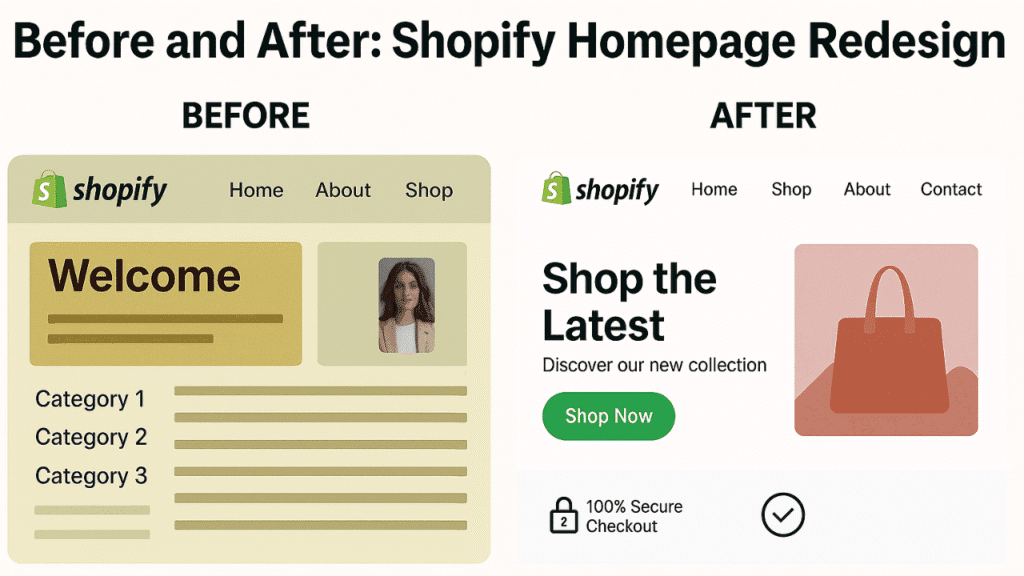 Side-by-side comparison of a Shopify homepage before and after redesign. The left side shows an outdated cluttered layout while the right side displays a clean professional design with bright colors and clear navigation.