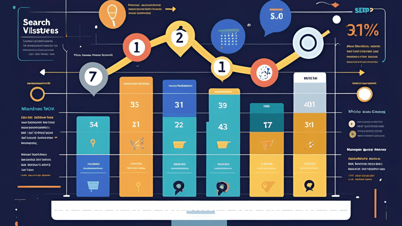 Colorful infographic showing SEO data and ranking statistics for 2025, with charts, icons, and ranking metrics on a dark background