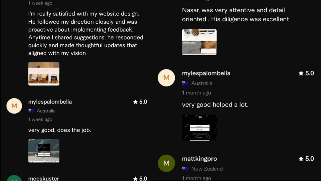 Screenshot of client reviews showing 5 star ratings and positive feedback about website design, attention to detail, and helpful service.