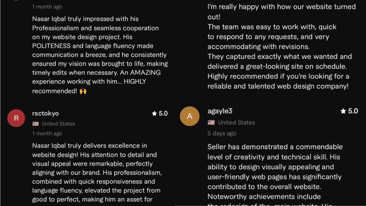 Customer reviews for Nasar Iqbal’s web design services showing 5-star ratings and positive feedback about creativity, professionalism, and timely delivery.