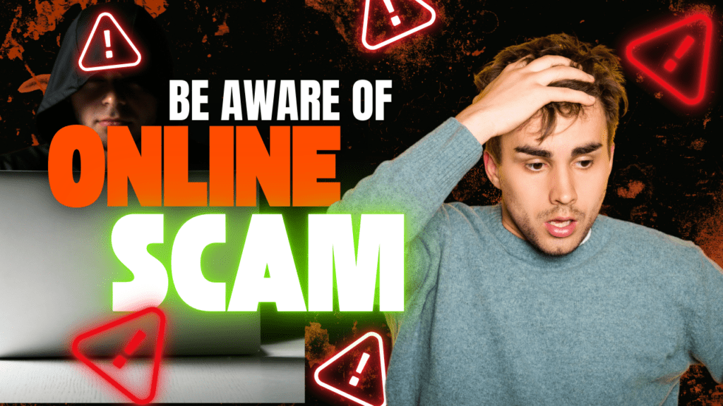 A worried man holding his head while a hooded hacker sits behind a laptop, with warning icons and the text Be Aware of Online Scam.