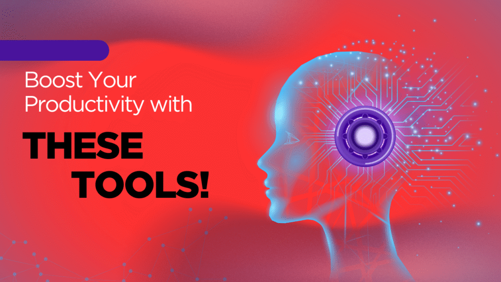 Boost productivity with AI-powered tools shown through a digital human head and circuit design illustration