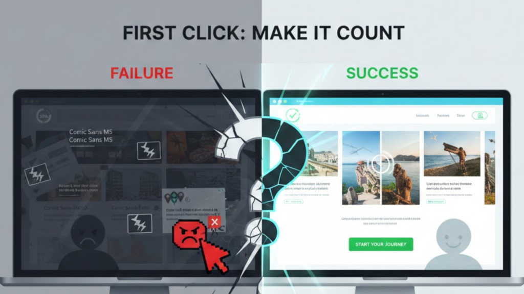 Split screen website comparison showing failure versus success, where the left side displays a broken slow website with errors and frustration icons, and the right side shows a clean fast website with a positive user experience and clear call to action.