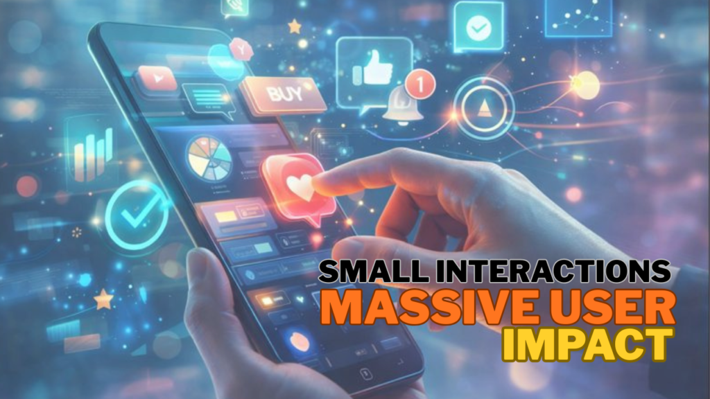 Hand interacting with a smartphone interface showing micro-interactions like likes, notifications, buy buttons, and animations representing modern user experience design.