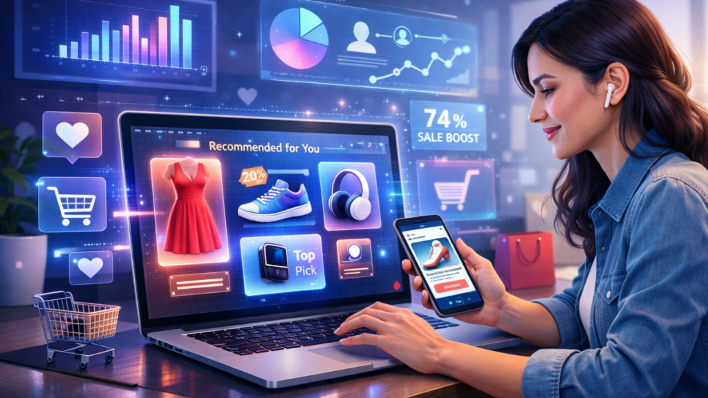 AI-powered personalization showing an online shopper receiving smart product recommendations on laptop and smartphone.