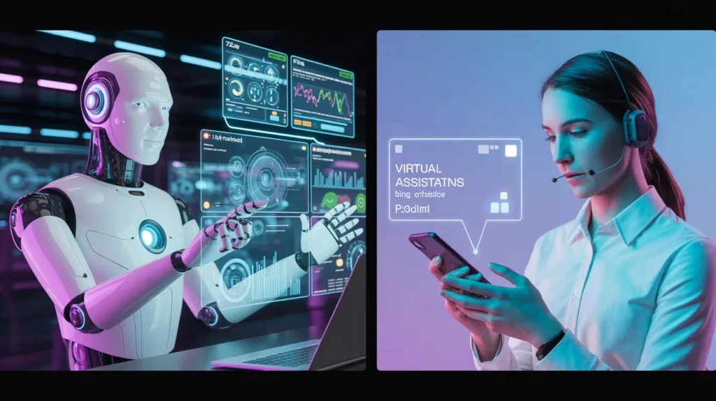 Split screen image showing an AI agent managing automated business dashboards on one side and a virtual assistant responding to voice commands on a smartphone on the other side in a futuristic 2026 setting.